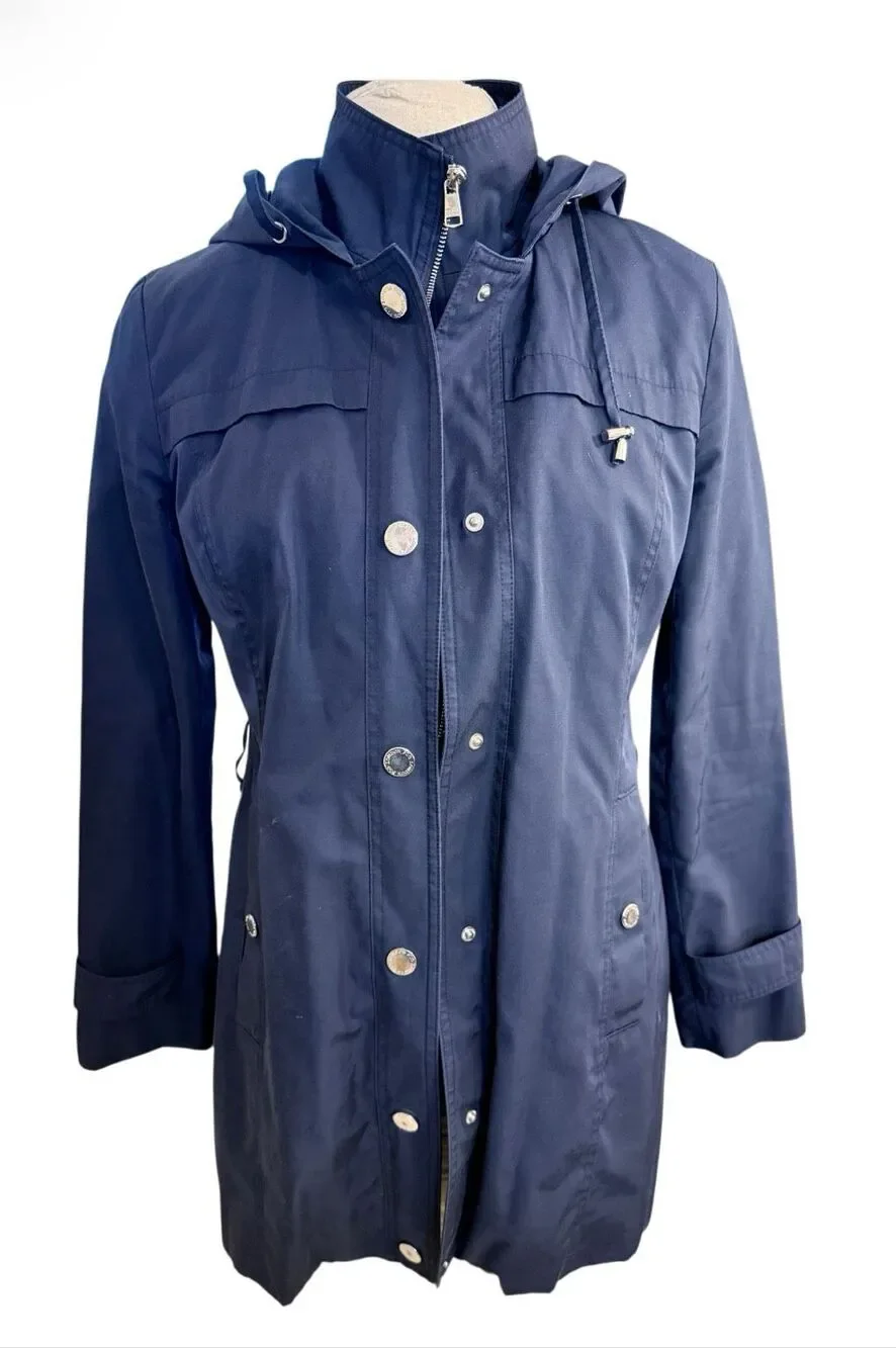 London Fog Hooded Belted Zip Front Raincoat Navy Blue Sz. Small Classic